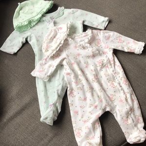 Two Little Me sleepers with matching hats